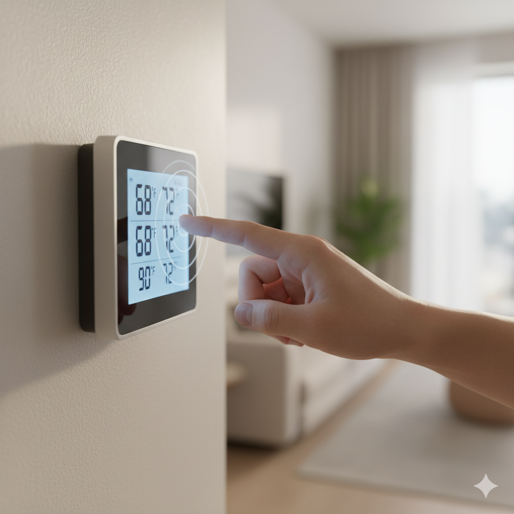 Close-up of a person adjusting a digital thermostat multiple times inside a modern Oklahoma home.
