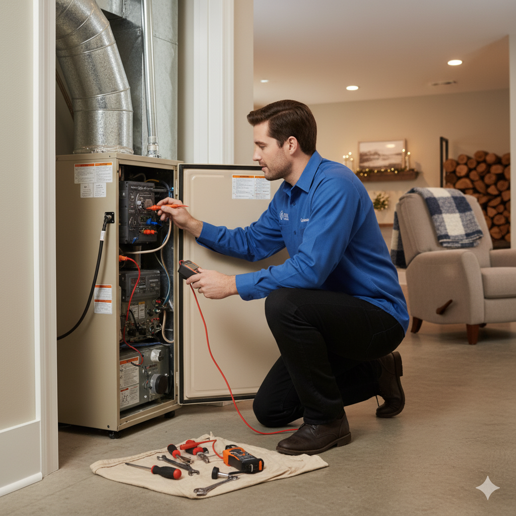 Technician inspecting a heater in an Oklahoma home before winter.