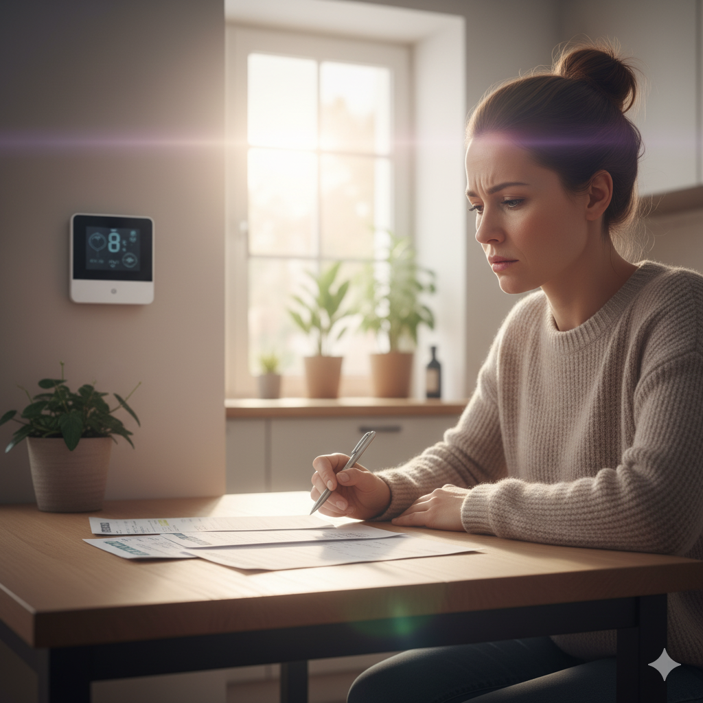 Person reviewing high monthly utility bills beside a thermostat at a kitchen table in an Oklahoma home.