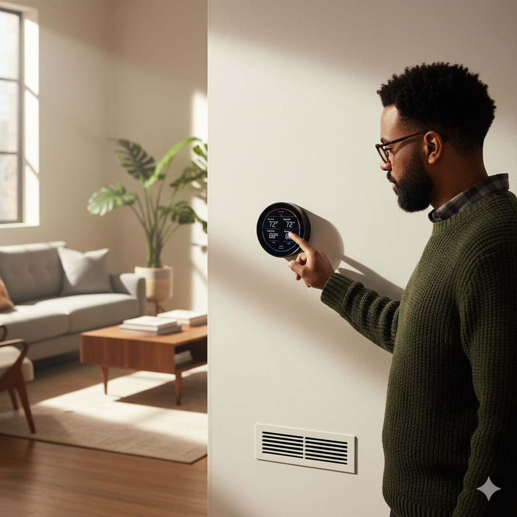 Homeowner adjusting thermostat near an air vent with sunlight entering through a window in an Oklahoma home.