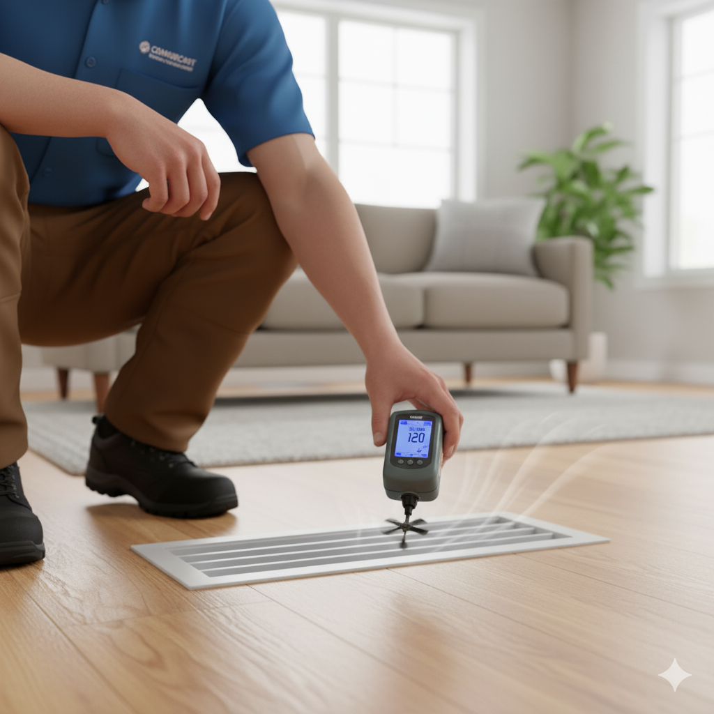 HVAC technician testing air from a floor vent with a handheld airflow meter in a clean Oklahoma residence.