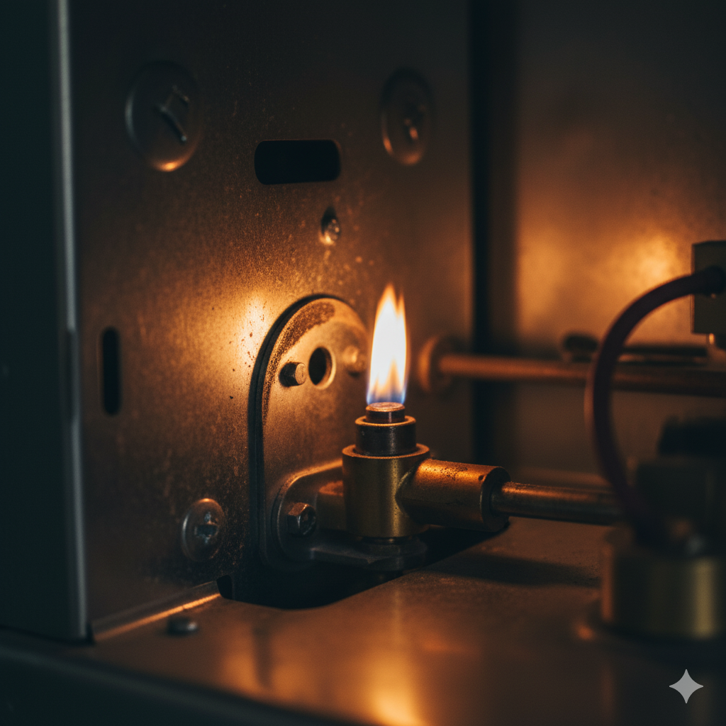 Macro shot of a furnace pilot light burning yellow with detailed metallic textures in an Oklahoma home.