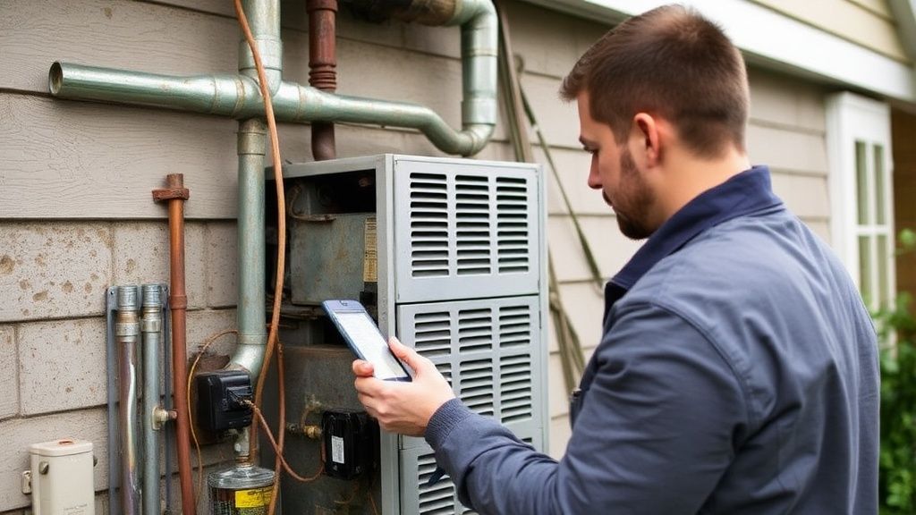 A technician inspecting an old HVAC unit before replacement.