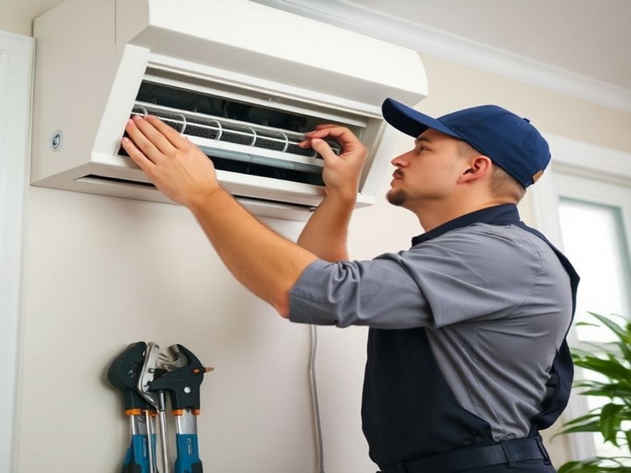 HVAC technician inspecting home air conditioning unit to improve humidity control
