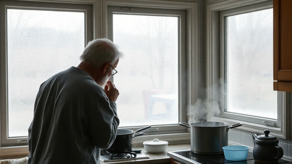 Homeowner inspecting fogged kitchen windows caused by high indoor humidity